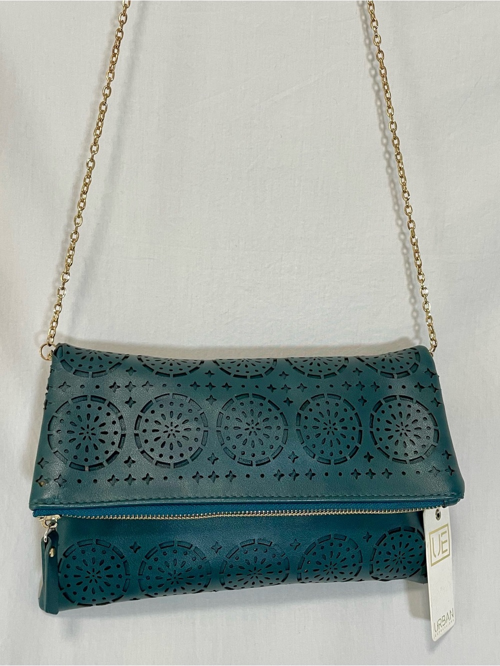 Urban Expressions Dark Teal Laser-Cut Vegan Leather Foldover Clutch, NWT